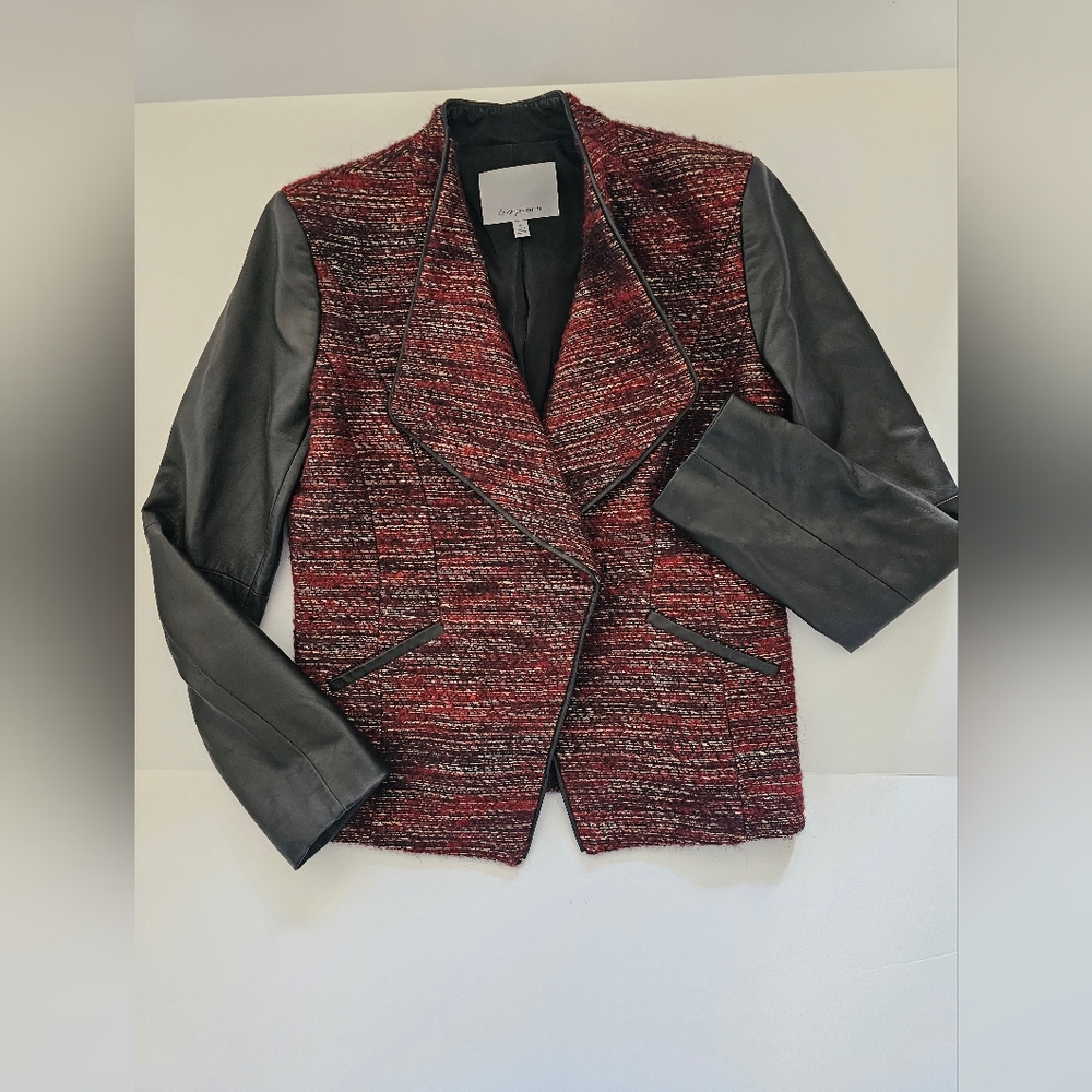 Classiques Entier - Tweed-Leather Burgundy Fitted Jacket Blazer Size Medium